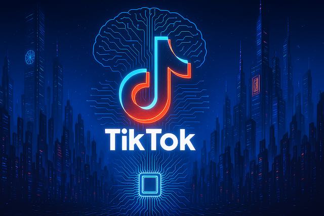 A futuristic digital illustration in cyberpunk style featuring the TikTok logo prominently integrated into a sleek, glowing AI-powered machine. The background depicts a high-tech cityscape with neon lights and holographic elements, symbolizing TikTok’s transformation into an artificial intelligence powerhouse. The image has a widescreen 16:9 aspect ratio.