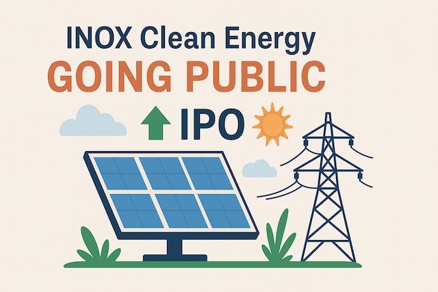 A flat-style digital illustration showing a solar energy-themed IPO announcement. The scene features solar panels, wind turbines, and a stock market graph rising in the background. A glowing "IPO" sign is prominently displayed, with INOX Clean Energy branding subtly integrated, all set against a clean blue sky, symbolizing growth in renewable energy.