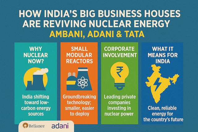 Infographic titled "How India’s Big Business Houses Are Reviving Nuclear Energy," featuring Reliance, Adani, and Tata. It presents four sections on India’s shift to nuclear energy, the benefits of Small Modular Reactors (SMRs), corporate investment, and the long-term impact on India’s clean energy goals, all styled in vibrant color blocks with relevant icons.