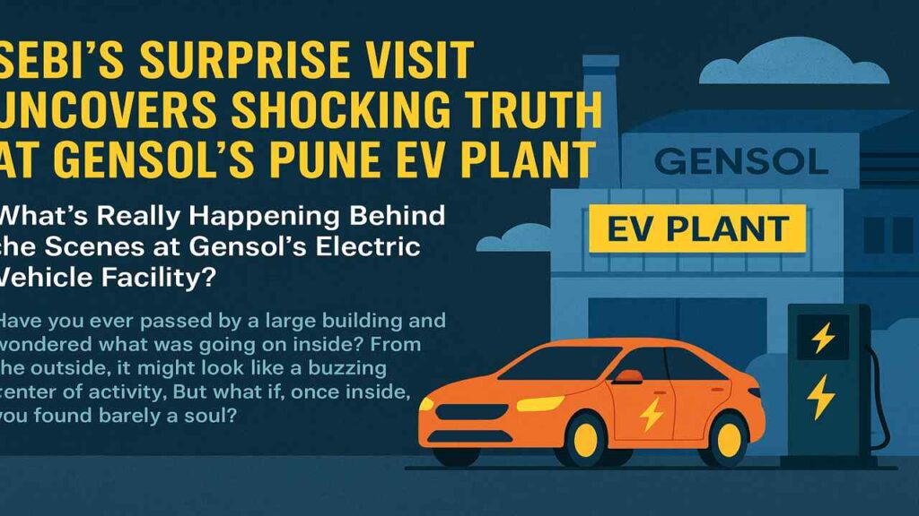 Infographic titled “SEBI’s Surprise Visit Uncovers Shocking Truth at Gensol’s Pune EV Plant.” Highlights include bold headlines, visual of an EV facility, and a minimal workforce situation.