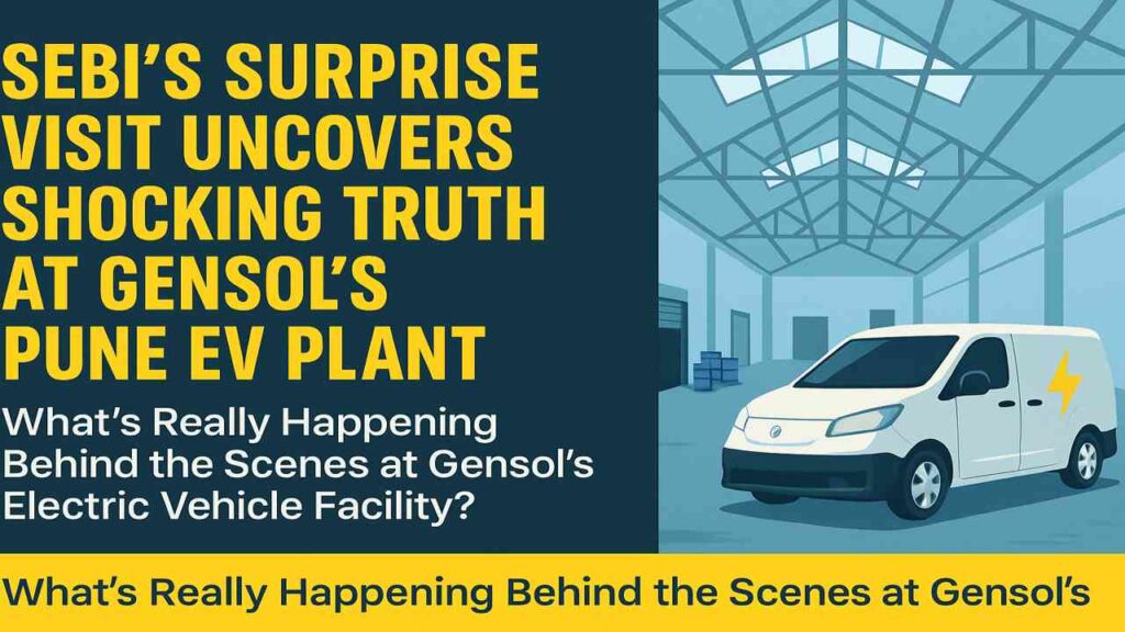 Infographic shows SEBI’s surprise visit to Gensol’s EV plant with a visual of an empty-looking warehouse and electric van, paired with bold, attention-grabbing text questioning what’s really happening inside.