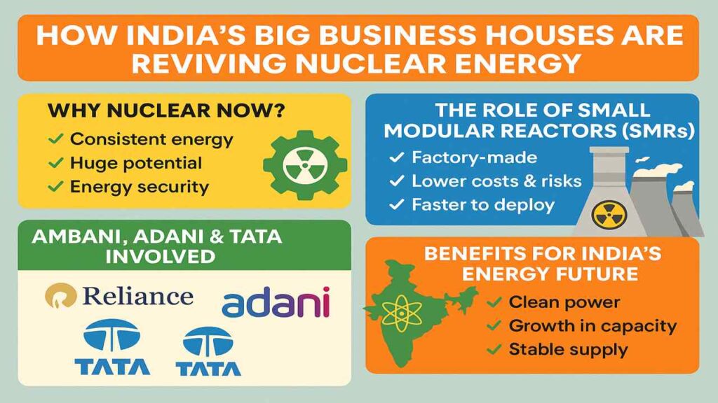 How India’s Big Business Houses Are Reviving Nuclear Energy" showing Reliance, Adani, and Tata logos. It explains why nuclear energy is critical now, highlights the role of Small Modular Reactors (SMRs), and outlines how India’s corporate giants are investing in clean, scalable, and secure energy solutions