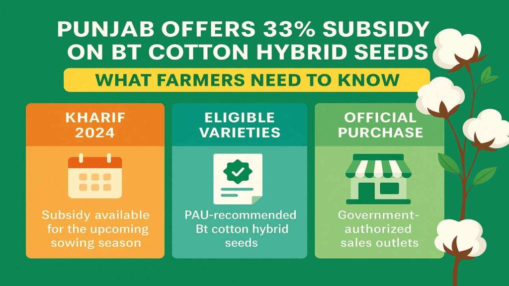 Infographic titled "Punjab Offers 33% Subsidy on Bt Cotton Hybrid Seeds: What Farmers Need to Know." Highlights include Kharif 2024 eligibility, PAU-recommended seeds, and official purchase channels—all in a farmer-friendly design. 