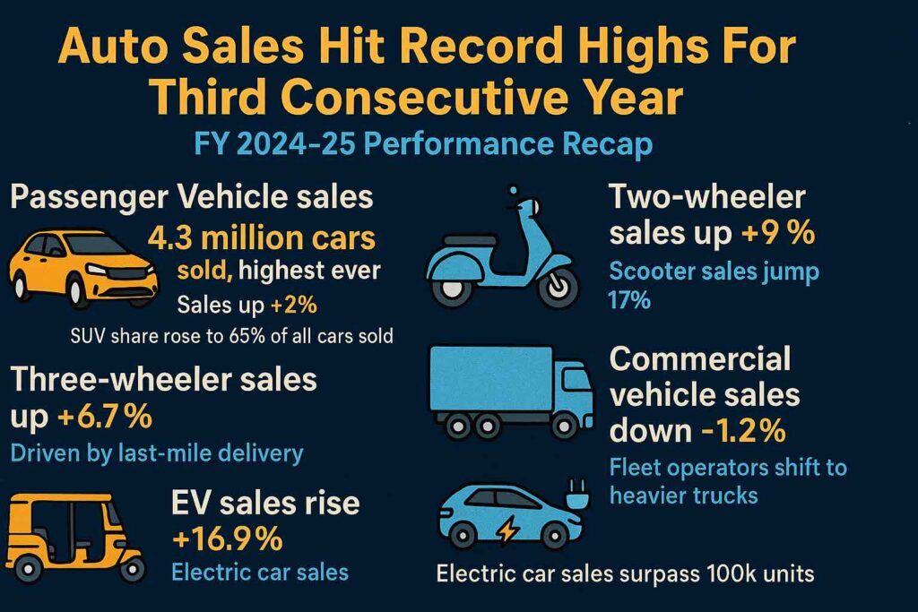 A data-driven digital infographic titled "Auto Sales in India FY2024-25" presented in a 16:9 ratio. The infographic features colorful charts and icons representing various automobile segments. It highlights record-high passenger vehicle sales at 4.3 million units, with 65% being utility vehicles. Two-wheeler sales grew by 9.1% to over 19.6 million units, led by scooters. Electric vehicle registrations rose to 1.97 million, up 16.9% from the previous year. A visual breakdown includes bar graphs and pie charts showing growth in scooters, motorcycles, commercial vehicles, and exports, emphasizing strong rural demand and government incentives.